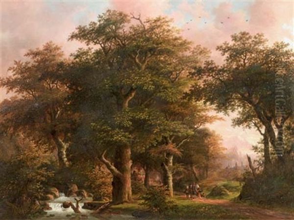 Figures Conversing On A Wooded Path - view 1