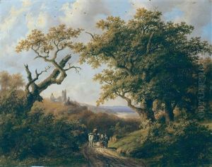 Mittelgebirgslandschaft Mit Einer Burgruine, Einem Reiter Und Reisigsammlern by Anthony Biester