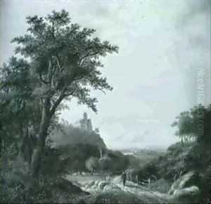 Hugellandschaft Mit Weidendem Vieh Und Bauerin Vorn Sowie   Einer Burg Links Im Hintergrund