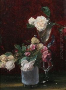 Roses And Glasses On A Tabletop by Marie De Bievre