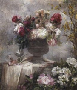A Still Life With Peonies In An Urn And Rhododendrons On A Ledge Below by Marie De Bievre