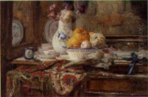 Peonies In A Vase With Vegetables In A Bowl On A Table by Marie De Bievre