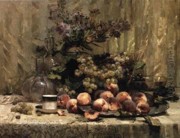 Still Life Of Peaches And Grapes On Lace-covered Table - view 1
