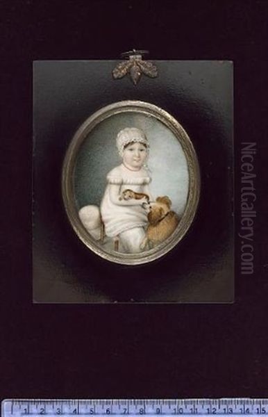 A Young Child, Seated, Wearing White Smock, Pantaloons And Bonnet, A Coral Necklace At Her Neck, A Hat By Her Side, A Puppy In Her Arms With A Dog By Her Feet - view 1
