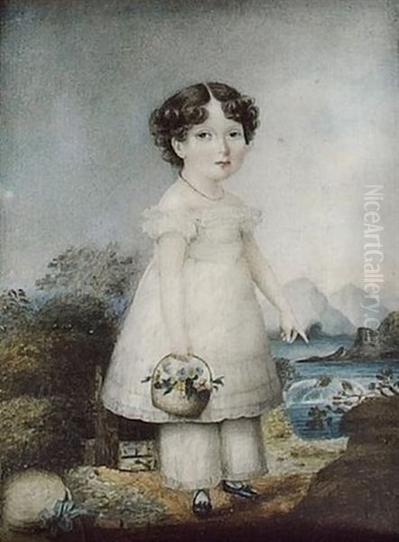 A Young Girl, Wearing White Dress And Pantaloons, Black Shoes And A Coral Necklace, A Basket Of Flowers In Her Hand, A Mountainous Landscape Beyond - view 1