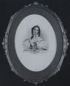 A Lady Wearing White Dress Adorned With Gold And Green Stone Trim, Matching Earring And Tiara by Sarah Biffin