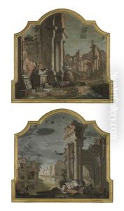 A Capriccio With Classical Ruins (+ A Capriccio With A Ruined Classical Arch On A Canal; Pair) by Vittorio Maria Bigari