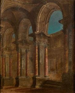 An Architectural Capriccio Of A Colonnade Looking Onto A Palace Courtyard