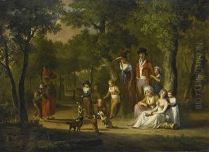 Group Portrait Of A Family In A Woodland Landscape, With Gypsies And Dancing Dogs by William Redmore Bigg