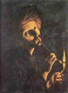 A Man In A Turban Smoking By Candlelight by Trophime (Theophisme) Bigot the Elder