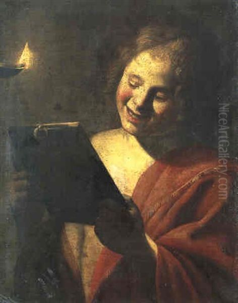 Jeune Homme Tenant Un Miroir A La Lueur D'une Lampe A Huile - view 1