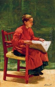 Girl With Sketch Book In The Studio In Szolnok by Sandor Alexander Bihari