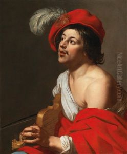 A Young Violinist In A Red Cap And Cloak by Jan Van Bijlert