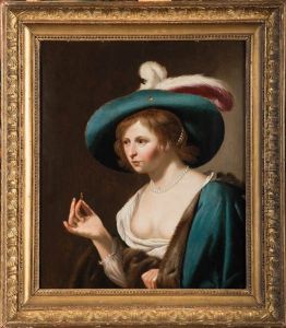 Portrait D"une Dame De Qualite Au Chapeau A Plumes Tenant Une Bague