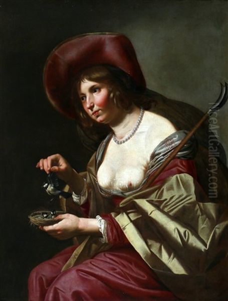 Portret Van Een Vrouw Als Herderin Met Een Staf En In Haar Handen Een Vogelnestje Waaruit Zij Een Vogel Aanbiedt, Als Erotische Geste - view 1