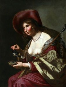 Portret Van Een Vrouw Als Herderin Met Een Staf En In Haar Handen Een Vogelnestje Waaruit Zij Een Vogel Aanbiedt, Als Erotische Geste