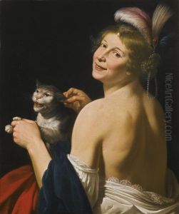 A Young Woman Playing With A Cat by Jan Van Bijlert