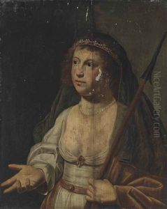 Portrait Of A Lady As Minerva, Half-length, In A White Dress, Pearl Headdress And A Veil, A Spear In Her Left Hand