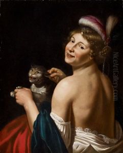 Eine Kurtisane Am Ohr Einer Katze Ziehend. Allegorie Des Tastsinns by Jan Van Bijlert