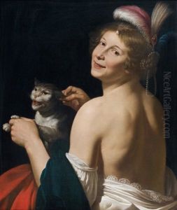 Jeune Femme Au Chat, Allegorie Du Toucher by Jan Van Bijlert