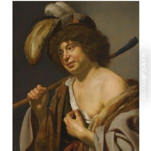 A Shepherd, Wearing A Plumed Hat, Holding A Staff In His Right Hand