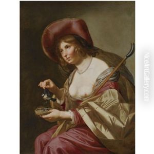 A Young Shepherdess, Seated, Wearing A Red And Yellow Dress And A Wide-brimmed Hat, Holding A Staff And A Bird's Nest With Three Small Birds