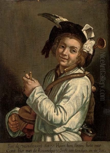 Portrait Of A Boy Playing A Rommelpot - view 1