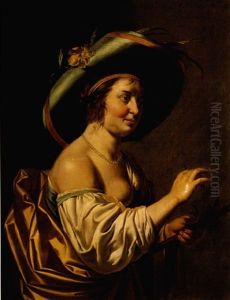 A Shepherdess Wearing A Large Blue Hat Decorated With An Iris And Holding A Staff