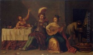 An Elegant Company Playing Music And Merrymaking In An Interior by Jan Van Bijlert