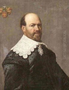 Portrait Of A Gentleman Of The Van Wevell Family Of Overyssel, Gelderland, Wearing A Black Jacket And Lace Collar by Jan Van Bijlert