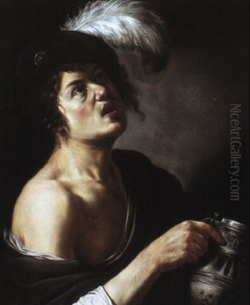 Young Man In A Feathered Cap Holding A Pewter Flagon - view 1