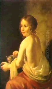 A Seated Girl Draped In A Red Robe With White Shift Teasing A Cat by Jan Van Bijlert