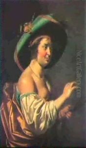 A Shepherdess, Half Length, Wearing A Large Blue Hat        Decorated With An Iris And Holding A Staff