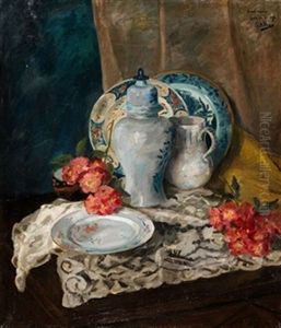 "bodegon Con Ceramicas, Mantilla Y Flores"
