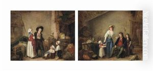 A Couple With A Boy Pushing A Girl In A Cart, In An Interior; And A Man Returning From The Hunt With A Mother And Her Children, In An Interior by Marc Antoine Bilcoq