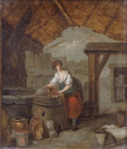 A Kitchen Interior With A Young Woman Cleaning Copper Pans; And A Kitchen Interior With A Young Woman Holding A Basket (2) by Marc Antoine Bilcoq