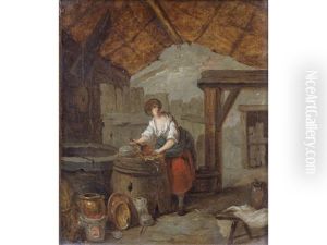 A Kitchen Interior With A Young Woman Cleaning Copper Pans (+ And A Kitchen Interior With A Young Woman Holding A Basket; Pair) by Marc Antoine Bilcoq