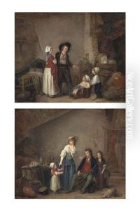 A Couple With A Boy Pushing A Girl In A Cart, In An Interior And A Man Returning From The Hunt With A Mother And Her Children, In An Interior (pair) by Marc Antoine Bilcoq