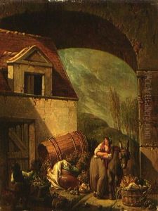Blick In Hinerhof Mit Esel Und Figuren