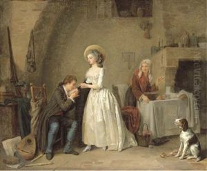 An Amorous Couple In An Interior With An Old Woman Preparing A Meal, Musical Instruments, A Basket Of Flowers And A Dog by Marc Antoine Bilcoq