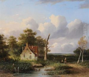 Schenke Mit Zwei Figuren Bei Weiher by Albertus Gerardus Bilders