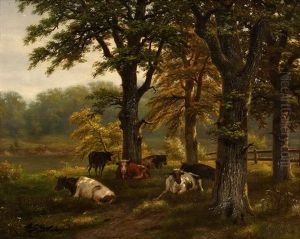 Sonnenbeschienene Waldlichtung Mit Ruhenden Kuhen by Albertus Gerardus Bilders