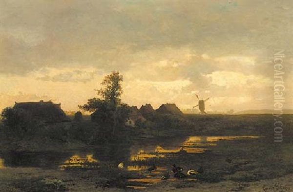 Avondlandschap: Farmhouses Along A Pool At Dusk And A Windmill In The Distance - view 1