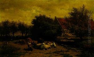 A Dutch Farm With Sheep, Goats And Poultry by Albertus Gerardus Bilders