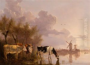 Cows On The River Side After A Summer Downpour by Gerard Bilders