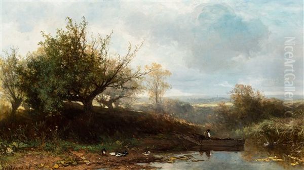 Fisherman In His Boat At The River Side With Shelducks - view 1