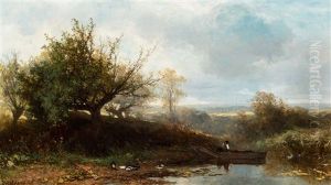 Fisherman In His Boat At The River Side With Shelducks by Johannes Warnardus Bilders