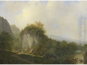 Travellers Resting On A Country Path, A Landscape Beyond by Johannes Warnardus Bilders