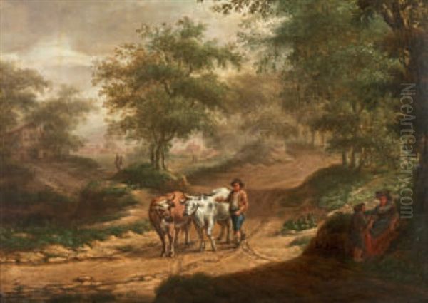 Bewaldete Landschaft Mit Bauer Und Kuhen - view 1