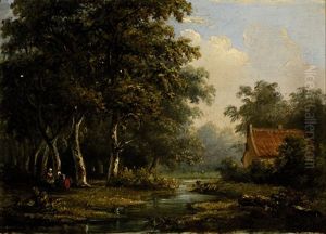 Figures Near A House Next To A Ditch